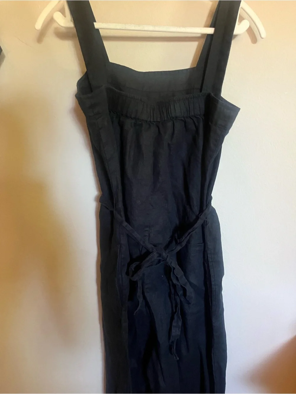 Quince Square Neck Sleeveless Black Linen Jumpsuit with Waist Tie - Picture 5 of 6
